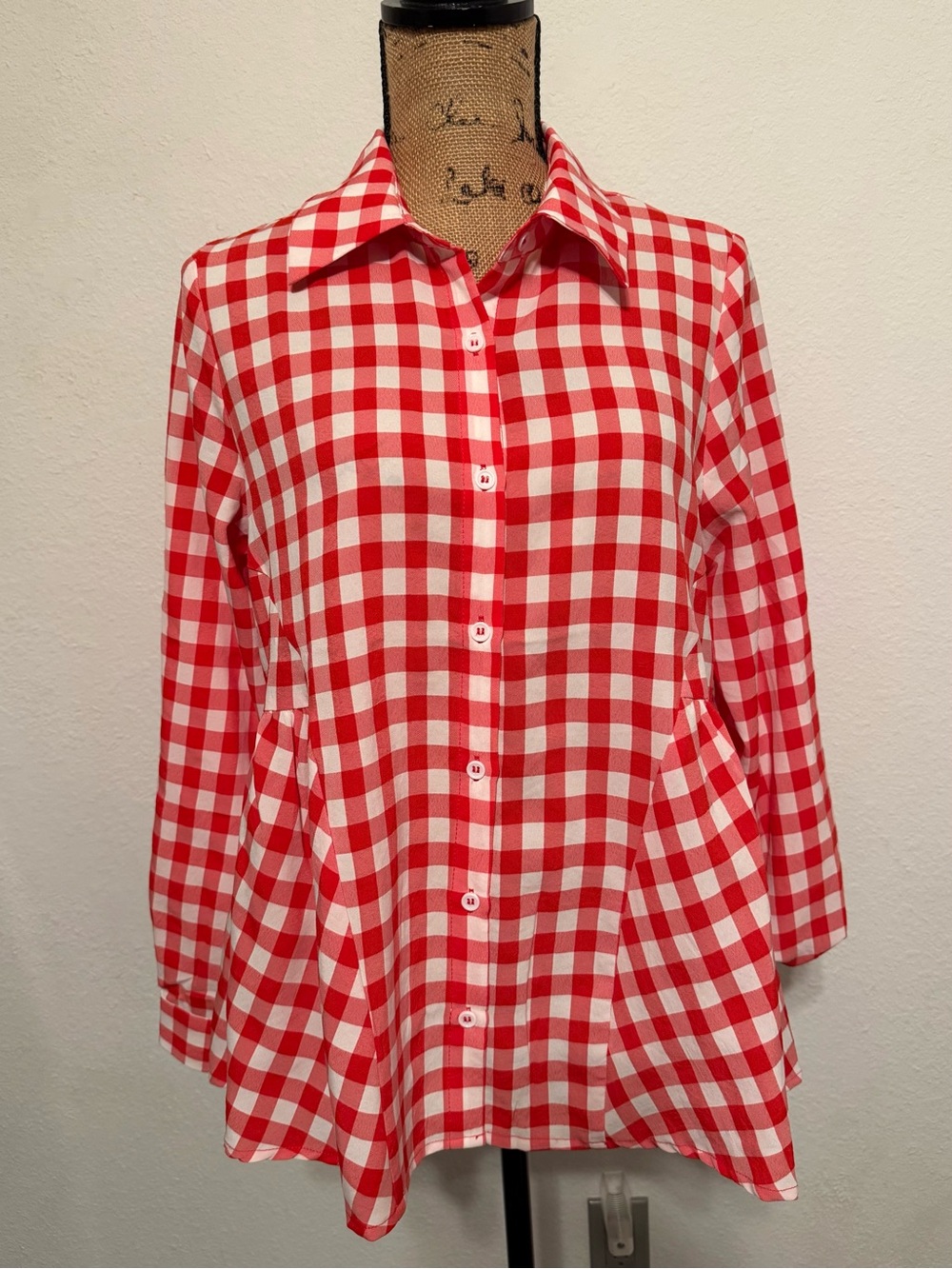 Apple red gingham loose fit button down top medium
